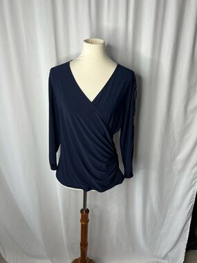 MSK Navy Blue Surplice Top w/ Sequin Sleeve Detail – Size Large